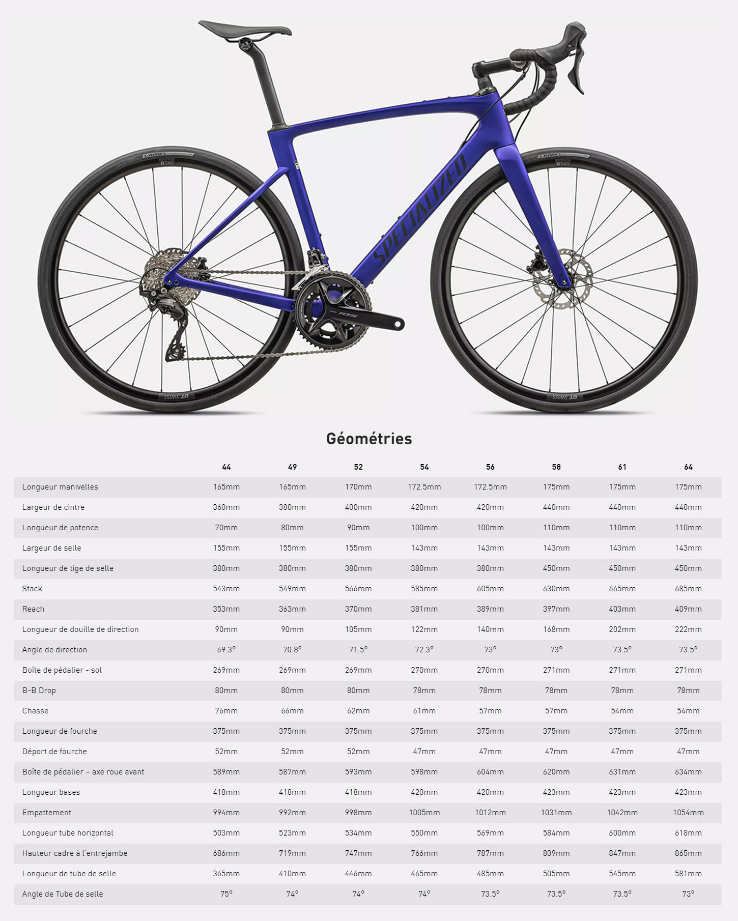 Guide de taille du vélo Roubaix SL8 Sport 105 année 2024